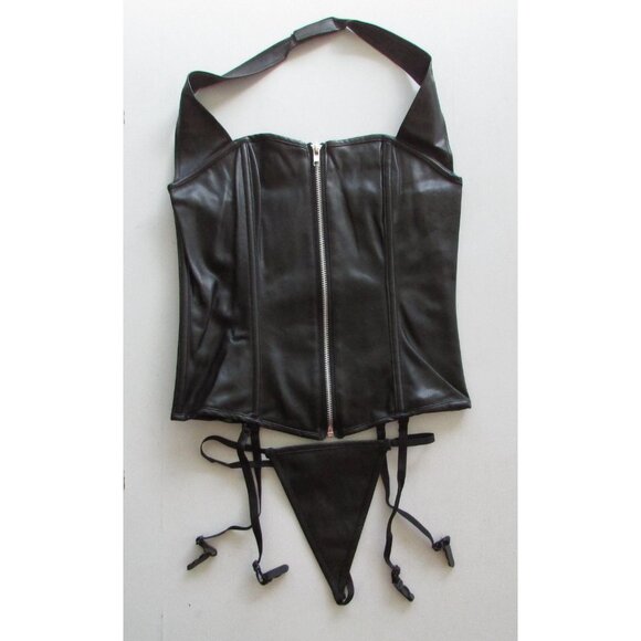 Black Faux Leather Zip Front Halter Corset Set - NEW - Picture 2 of 8